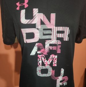 Under Armour Womens Black Tshirt With Pink And White Letters Size Medium